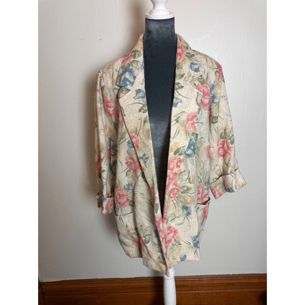 Vintage Floral Linen Blend Blazer Rose Jacket Cottagecore oversized euro summer
